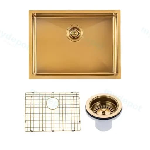 C-600 Stainless Steel PVD Brushed Brass Single Bowl Kitchen Sink 600×450mm — commercial plumbing specification